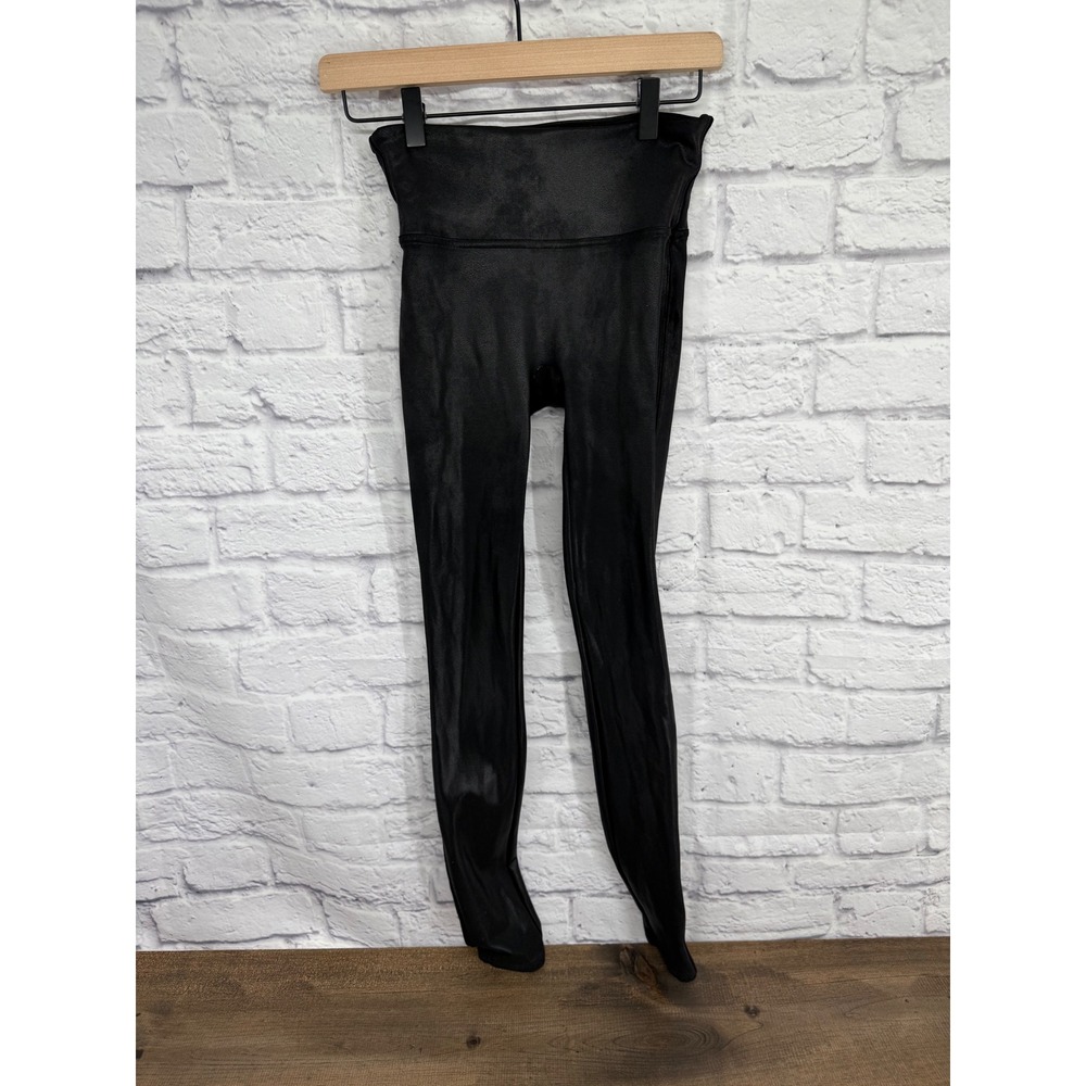 Spanx Black Faux Leather High Waisted Shimmer Leggings Small Goth Bikercore